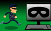 Cartoon man in eye cover running toward computer